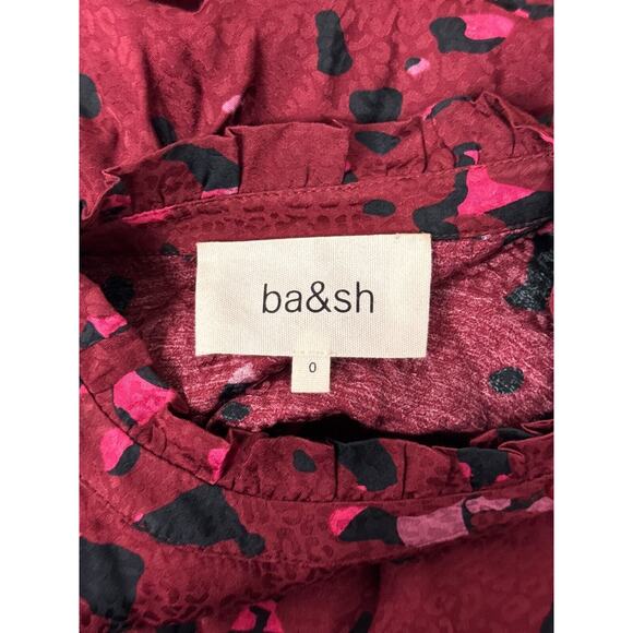 BA&SH Dress 0 Womens Thelma Ruffle Trimmed Satin Red Pink Long Sleeve Mini - Picture 7 of 8